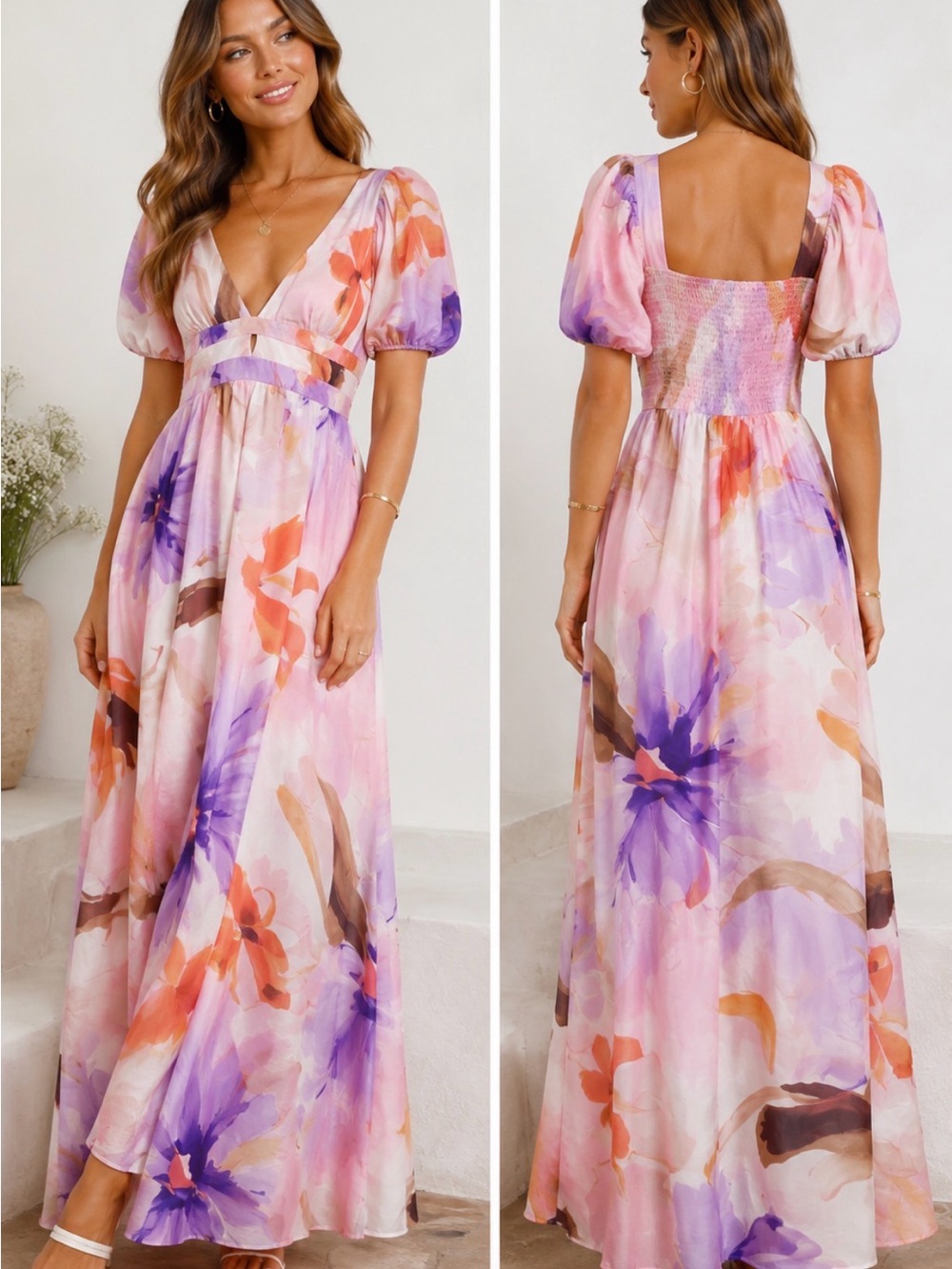 NWT Petal + Pup Christoff Maxi Dress M Pink Purple Floral Puff Sleeve